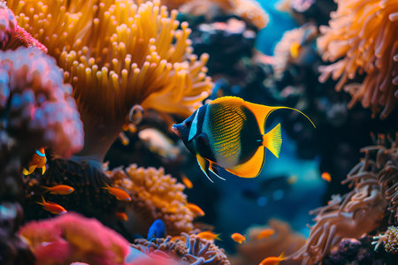 A vibrant clownfish, with its distinctive orange and white stripes, finds shelter among the tendrils of a sea anemone, exemplifying a unique marine symbiosis.の素材