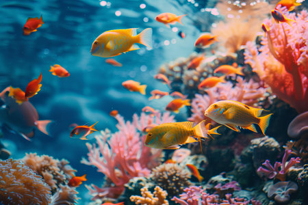 A vibrant clownfish, with its distinctive orange and white stripes, finds shelter among the tendrils of a sea anemone, exemplifying a unique marine symbiosis.の素材