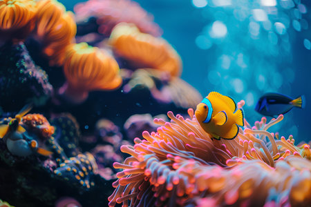 A vibrant clownfish, with its distinctive orange and white stripes, finds shelter among the tendrils of a sea anemone, exemplifying a unique marine symbiosis.の素材