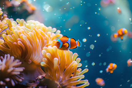 A vibrant clownfish, with its distinctive orange and white stripes, finds shelter among the tendrils of a sea anemone, exemplifying a unique marine symbiosis.の素材