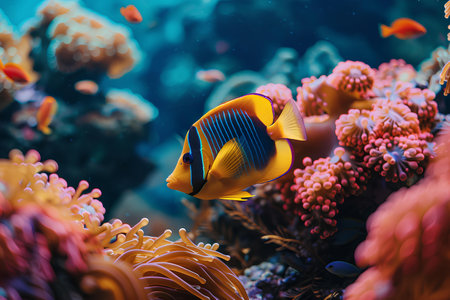 A vibrant clownfish, with its distinctive orange and white stripes, finds shelter among the tendrils of a sea anemone, exemplifying a unique marine symbiosis.の素材