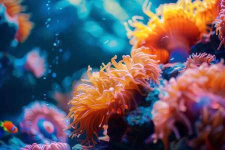 A striking copper-banded butterflyfish gracefully swims among vibrant sea anemones, a beautiful example of marine symbiosis.の素材