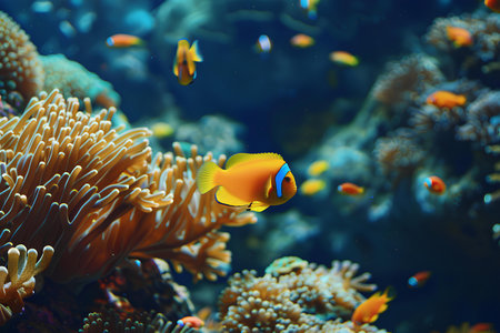 A striking copper-banded butterflyfish gracefully swims among vibrant sea anemones, a beautiful example of marine symbiosis.の素材