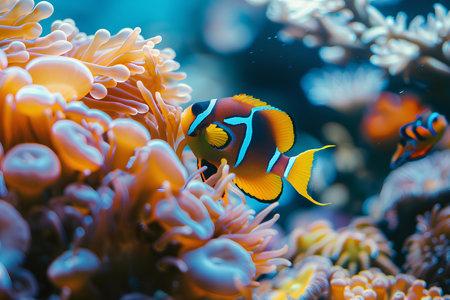 A vibrant clownfish, with its distinctive orange and white stripes, finds shelter among the tendrils of a sea anemone, exemplifying a unique marine symbiosis.の素材