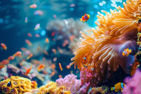 A vibrant clownfish, with its distinctive orange and white stripes, finds shelter among the tendrils of a sea anemone, exemplifying a unique marine symbiosis.の素材