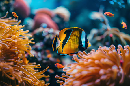 A vibrant clownfish, with its distinctive orange and white stripes, finds shelter among the tendrils of a sea anemone, exemplifying a unique marine symbiosis.の素材