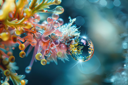 A vivid, close-up capture of a coral polyp surrounded by water droplets, highlighting the vibrant interplay between marine life and its fluid habitat.の素材