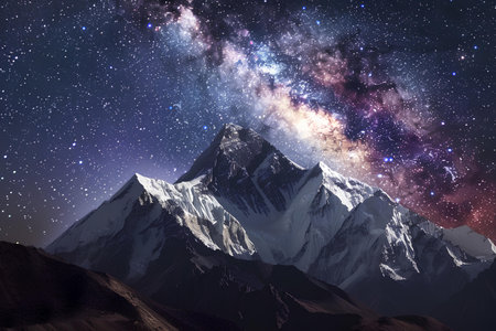 The magnificent Milky Way galaxy stretches across the starry sky above the silhouette of majestic mountain peaks, offering a stunning visual harmony between earth and cosmos.の素材