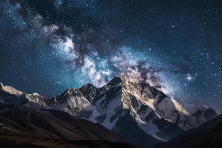 The magnificent Milky Way galaxy stretches across the starry sky above the silhouette of majestic mountain peaks, offering a stunning visual harmony between earth and cosmos.の素材