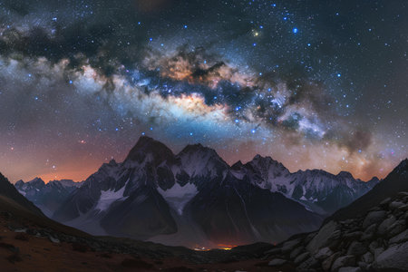 Snow-capped mountain peaks stand under the stunning expanse of the Milky Way, where the cosmos' grandeur is elegantly juxtaposed with the majesty of Earth's own formations.の素材