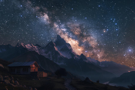 Snow-capped mountain peaks stand under the stunning expanse of the Milky Way, where the cosmos' grandeur is elegantly juxtaposed with the majesty of Earth's own formations.の素材