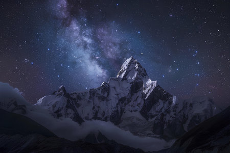 The Milky Way unfurls its stellar splendor above towering mountain peaks, a breathtaking spectacle of the night sky's boundless beauty.の素材