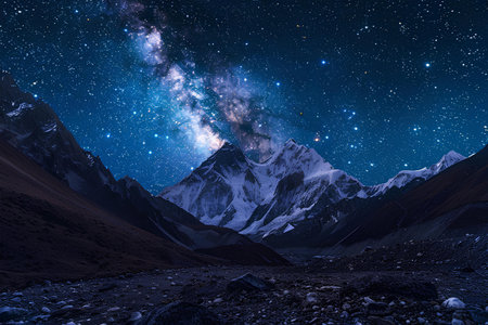 The Milky Way unfurls its stellar splendor above towering mountain peaks, a breathtaking spectacle of the night sky's boundless beauty.の素材
