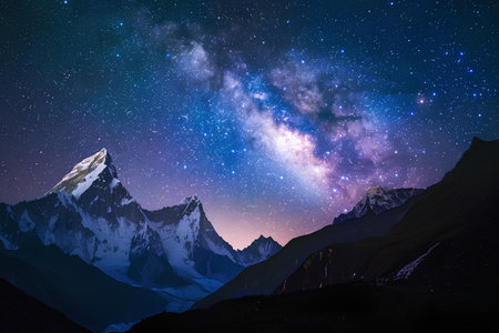 Snow-capped mountain peaks stand under the stunning expanse of the Milky Way, where the cosmos' grandeur is elegantly juxtaposed with the majesty of Earth's own formations.の素材