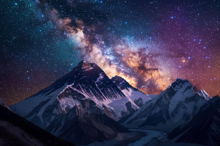 Snow-capped mountain peaks stand under the stunning expanse of the Milky Way, where the cosmos' grandeur is elegantly juxtaposed with the majesty of Earth's own formations.の素材