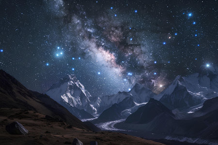 The Milky Way unfurls its stellar splendor above towering mountain peaks, a breathtaking spectacle of the night sky's boundless beauty.の素材