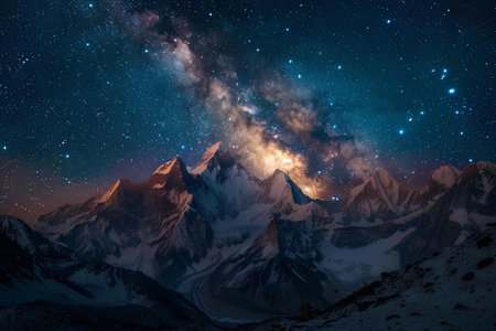 The magnificent Milky Way galaxy stretches across the starry sky above the silhouette of majestic mountain peaks, offering a stunning visual harmony between earth and cosmos.の素材