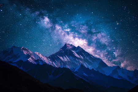 Snow-capped mountain peaks stand under the stunning expanse of the Milky Way, where the cosmos' grandeur is elegantly juxtaposed with the majesty of Earth's own formations.の素材
