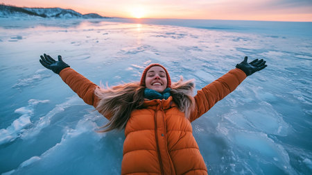 Joyful woman lying on the thick transparent ice of Lake Baikal gazing up at the winter sky with arms spread wide surrounded by beautiful sunset colorsの素材
