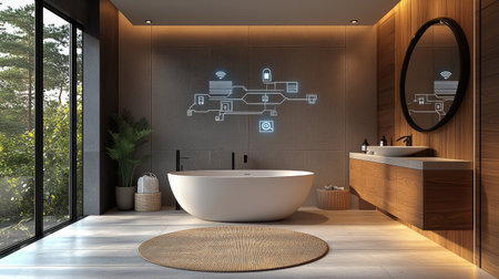 Step into a luxurious bathroom oasis that showcases an impressive large tub, ideal for soaking away stress, paired beautifully with a spacious wall-mounted mirror. The blend of elegance and modern interior technology creates a serene environment perfect for relaxation and rejuvenation. Experience the ideal harmony of comfort and style.の素材