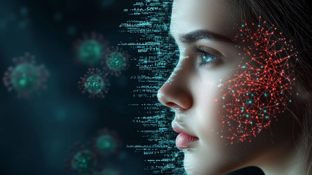 This captivating image showcases a woman with her face intricately covered in vivid red and green dots, embodying a conceptual representation of science and medicine. The striking patterns recall X-ray visuals, inviting viewers to delve into the mysteries of human anatomy and the intersection of art and medical imaging. A thought-provoking exploration of identity and the remarkable world of science.の素材