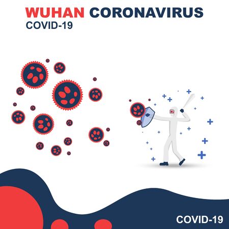 scientists are fighting against the corona virus. medical officers wield swords and shield. vectorのイラスト素材