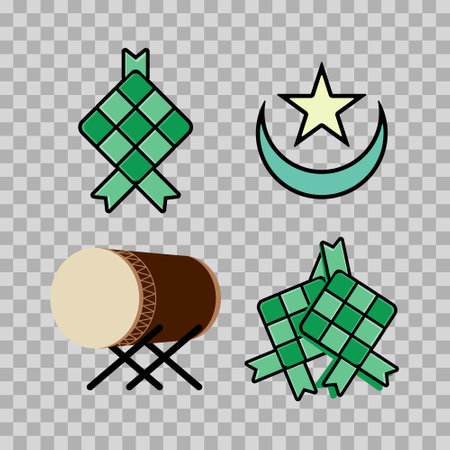 set illustration of ketupat, islamic drum, crescent moon and star isolated for easy editing. can be used for the month of Ramadan, Eid and Eid Al-Adha. for logo, website and posterのイラスト素材