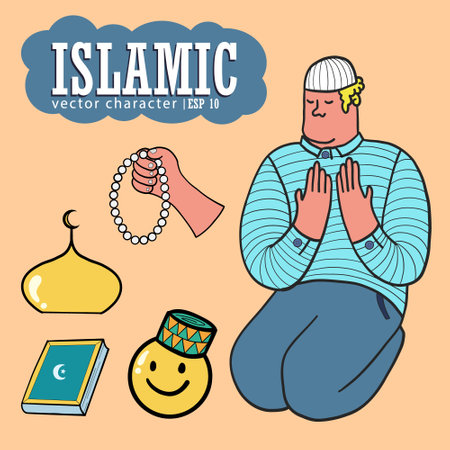 Islamic character illustration. Ramadan, Eid al-Fitr and Eid al-Adha cartoon theme icons. isolated and easily editable. vectorsのイラスト素材