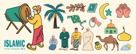 set Islamic character illustration. Ramadan, Eid al-Fitr and Eid al-Adha cartoon theme icons. isolated and easily editable. vectorsのイラスト素材