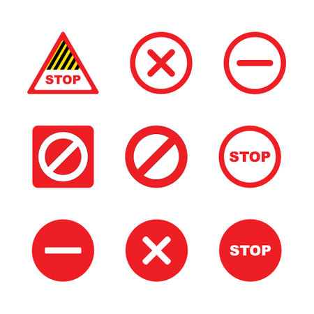 Stop signs collection in red and white, traffic sign to notify drivers and provide safe and orderly street operation. Vector flat style illustration isolated on white background.のイラスト素材