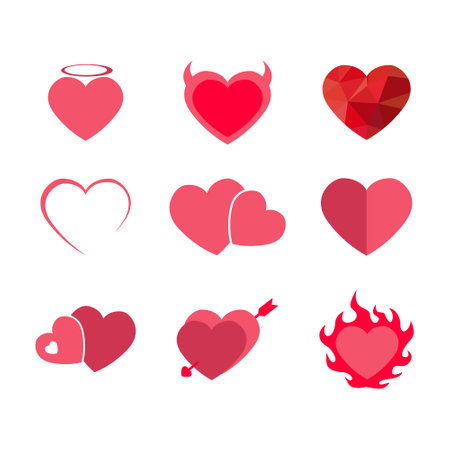 set pink heart illustration. design for valentine's day. Collection of Love Heart Symbol Icons . Love Illustration Set with Solid and Outline Vector Heartsのイラスト素材