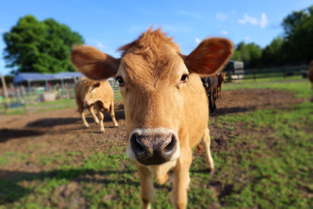 Portrait of a young brown cow on a green meadow.の写真素材