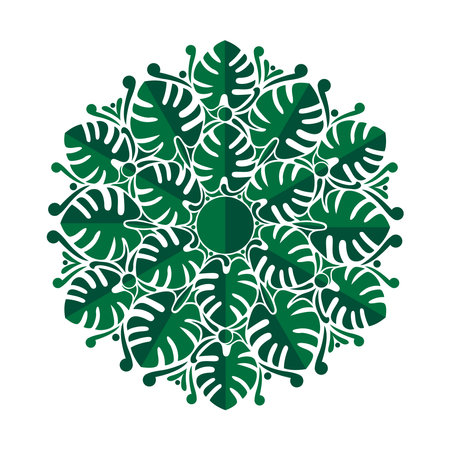 Vector green tropical leaves mandala isolated on white background. Exotic plant design.のイラスト素材
