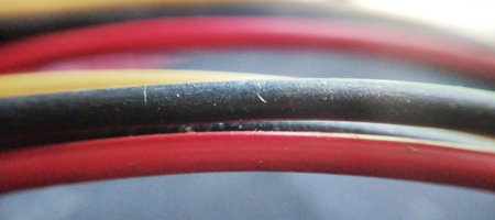 Close up of multicolored electric cable. Macro shot of electrical cable.の写真素材