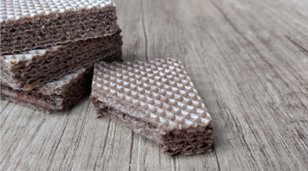 Chocolate wafers on wooden table, closeup view.
