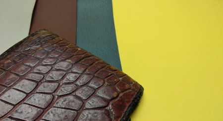 Close up of brown leather purse on yellow and green background with copy space