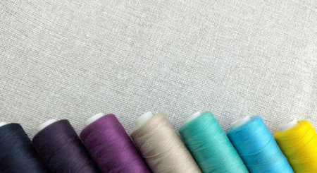 Colorful spools of thread on a linen background. Sewing concept