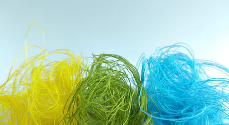Colorful threads for embroidery on a light blue background.