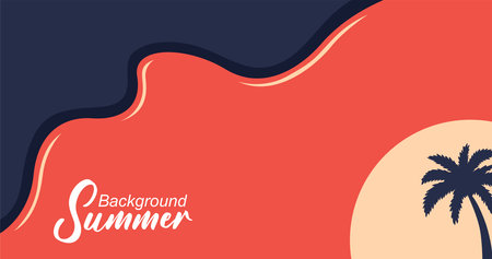 Summer background with palm tree and waves. Vector illustration in flat styleのイラスト素材