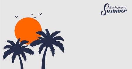 Sunset with palm trees and seagulls. Vector illustrationのイラスト素材