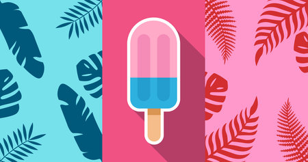 Summer background with ice cream and tropical leaves. Vector illustration in flat style