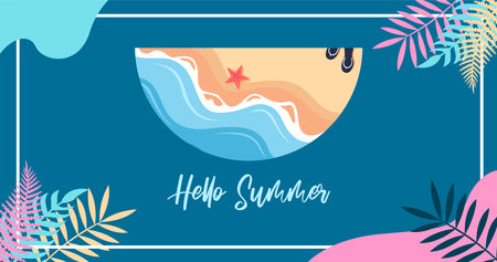 Hello summer banner with sea waves and starfish. Vector illustration.のイラスト素材