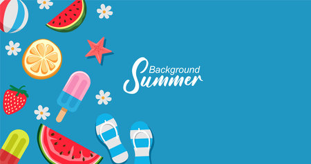 Summer banner with ice cream, fruits and flowers. Vector illustration.のイラスト素材