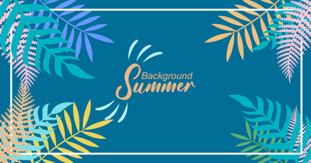 Summer tropical background with palm leaves. Vector illustration in flat style.のイラスト素材