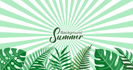 Summer background with tropical leaves and sunbeams. Vector illustration.のイラスト素材