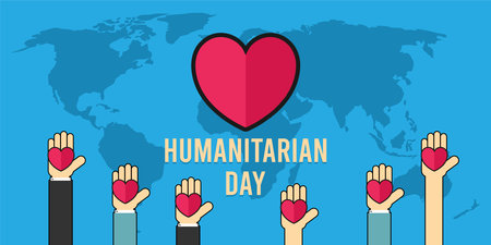 Humanitarian day background with heart and hands. Vector illustration in flat styleのイラスト素材