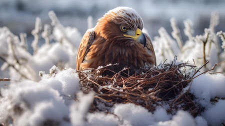 Red tailed Hawk (Aquila chrysaetos) sitting in a nest in the snowの素材