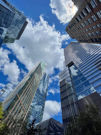 Low angle view of skyscrapers in Manhattan, New York City.