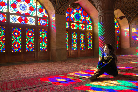 OCTOBER 23, 2016 - Shiraz, the Islamic Republic of Iran : The morning sunlight shining through the stained-glass creates the great array of colors projected into the prayer halls.のeditorial素材
