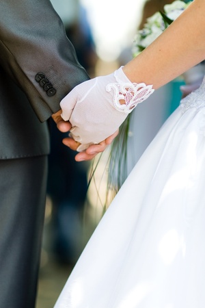 Just married couple holding handsの写真素材